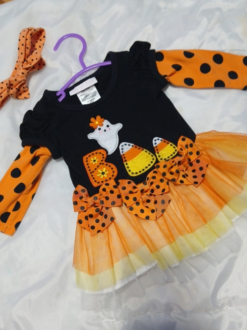 Bonnie Baby Black & Orange Candy Corn Tulle Dress with Polka Dot Sleeves